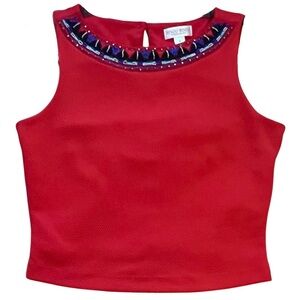BISOU BISOU Michele Bohbot Bright Red Sleeveless Textured Top with Beading